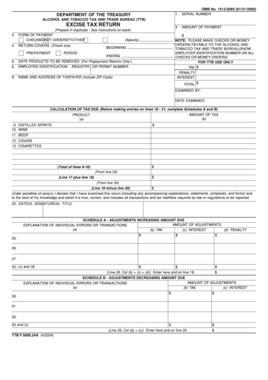Form Ttb F 5000.24a - Excise Tax Return Form - Depatment Of The Treasury Printable pdf