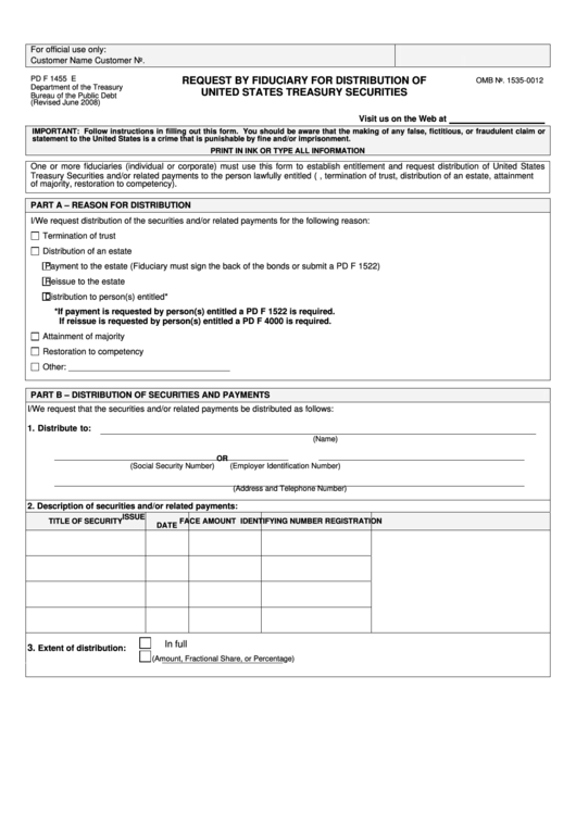 Fillable Form Pd F 1455 - Request By Fiduciary For Distribution Of United States Treasury Securities Printable pdf