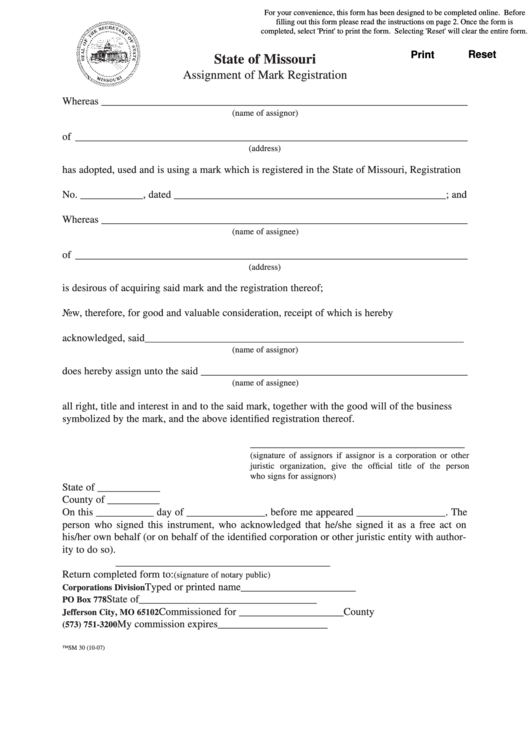 Fillable Form Tmsm 30 - Assignment Of Mark Registration Printable pdf