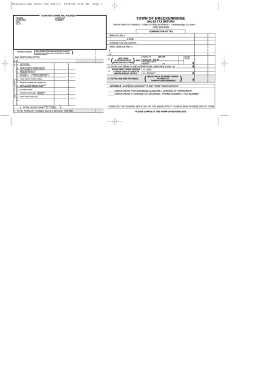 Sales Tax Return Form - Department Of Finance, Town Of Breckenridge Printable pdf