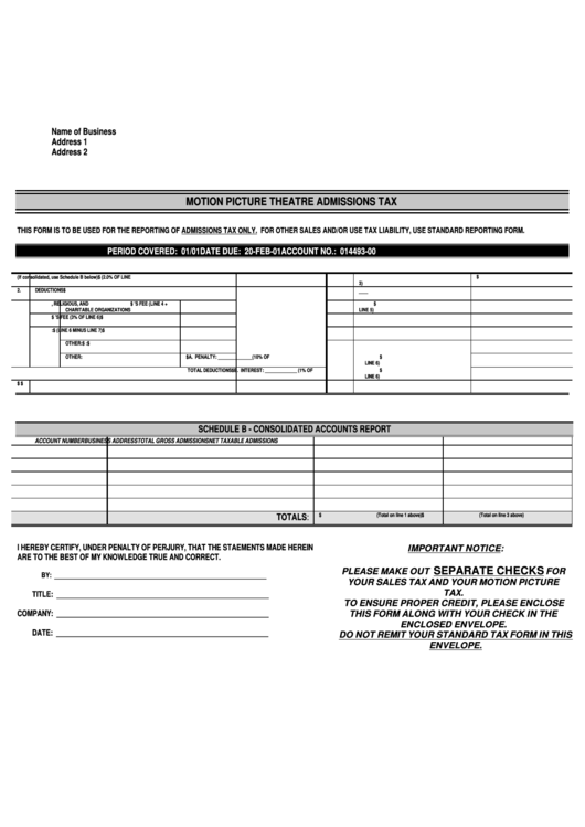 Motion Picture Theatre Admissions Tax Form Printable pdf
