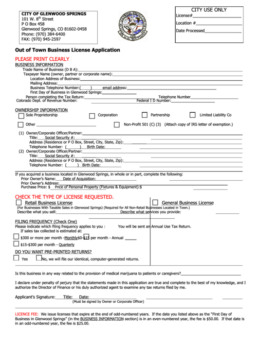 Out Of Town Business License Application Form - City Of Glenwood Springs Printable pdf
