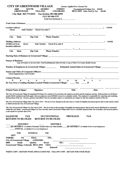 Occupational Priviledge Tax Form & Sales Tax/use Tax Form - City Of Greenwood Village Printable pdf