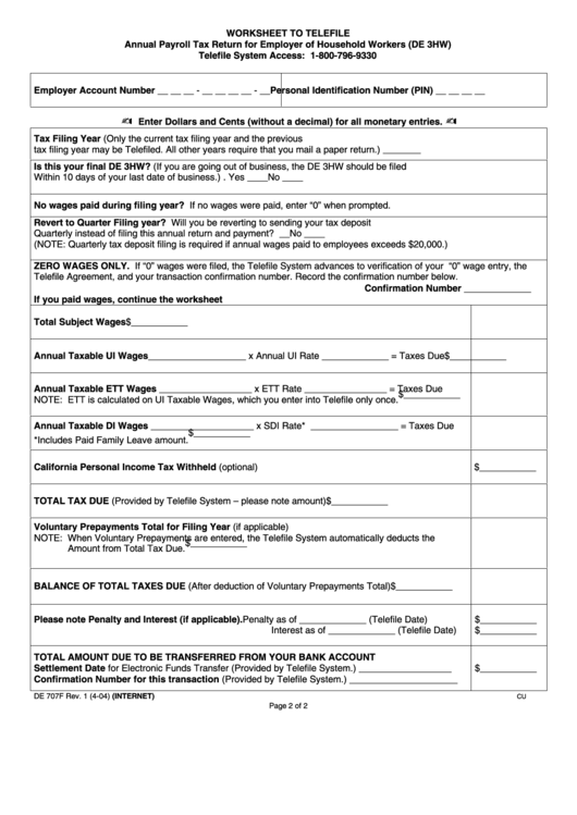 Form De 707f - Annual Payroll Tax Return For Employer Of Household Workers (De 3hw) Printable pdf