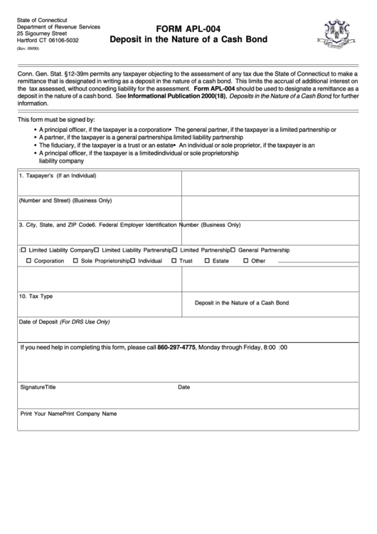 Form Apl-004 - Deposit In The Nature Of A Cash Bond - 2000 Printable pdf