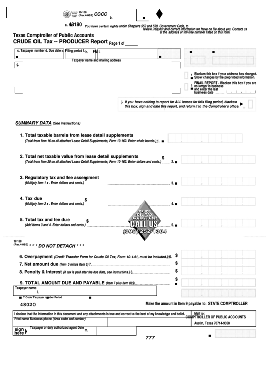 Fillable Form 10-158 - Crude Oil Tax - Producer Report - 2008/2 Printable pdf