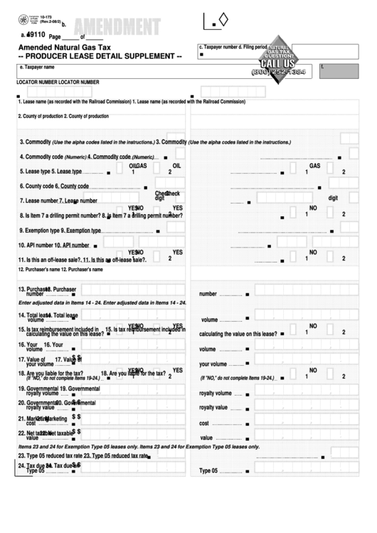 Fillable Form 10-173 - Amended Natural Gas Tax - Producer Lease Detail Supplement - 2008 Printable pdf