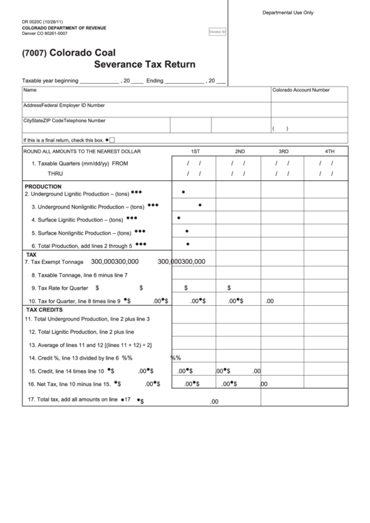 Form Dr 0020c - Colorado Coal Severance Tax Return Printable pdf