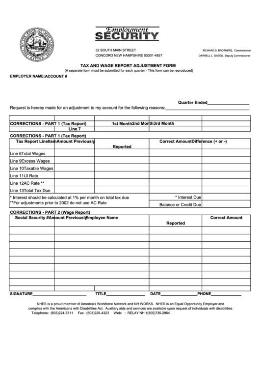Tax And Wage Report Adjustment Form - New Hampshire Printable pdf