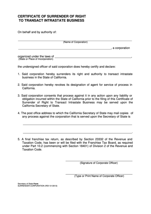 Fillable Certificate Of Surrender Of Right To Transact Intrastate Business Form - California Secretary Of State Printable pdf