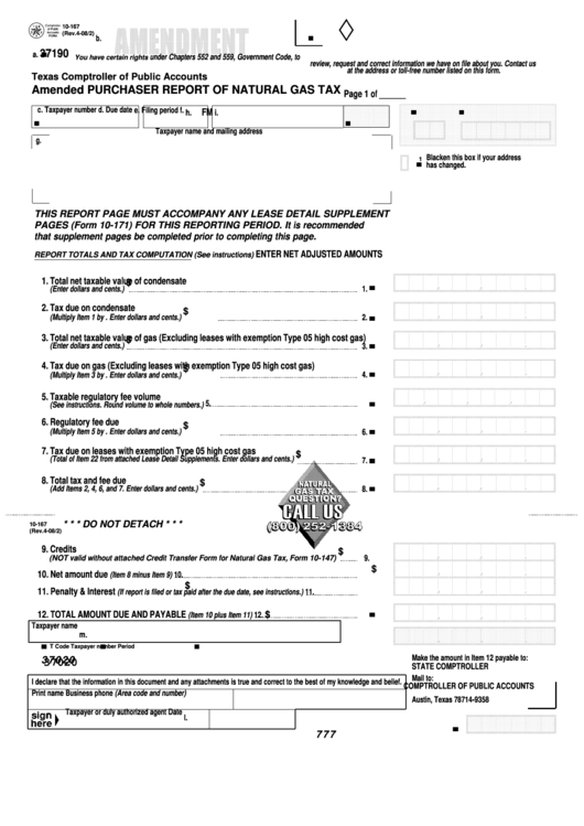 Fillable Form 10-167 - Amended Purchaser Report Of Natural Gas Tax Printable pdf