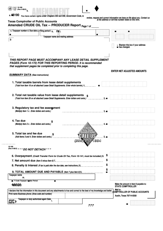 Fillable Form 10-168 - Amended Crude Oil Tax - Producer Report Printable pdf