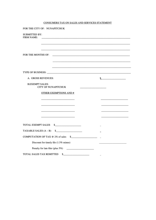 Consumers Tax On Sales And Services Statement Template - City Of Nunapitchuk Printable pdf