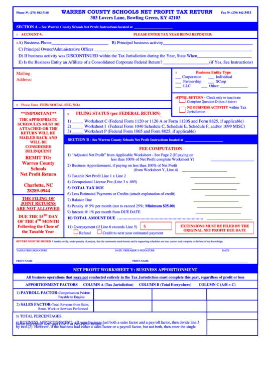 Schools Net Profit Tax Return Form - Warren County Printable pdf
