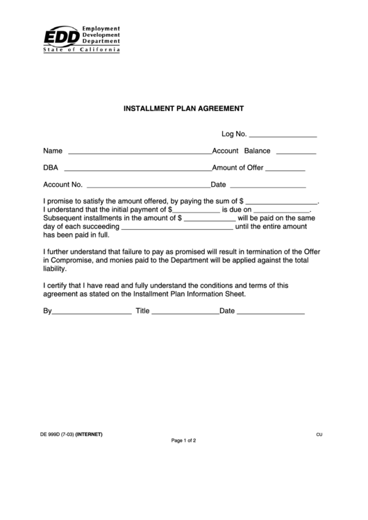 Form De 999d - Installment Plan Agreement Printable pdf