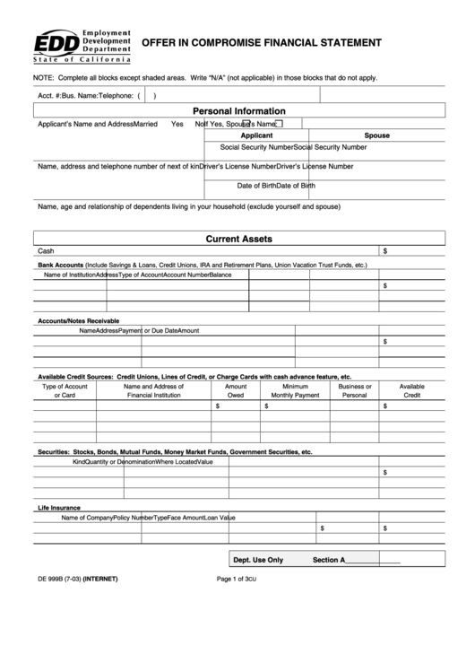 Form De-999b - Offer In Compromise Financial Statement Printable pdf