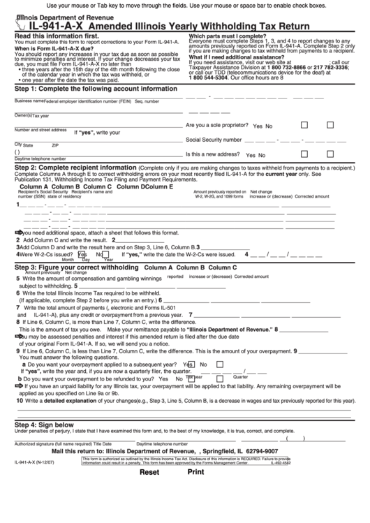 Fillable Form Il-941-A-X - Amended Illinoisyearly Withholding Tax Return - 2007 Printable pdf