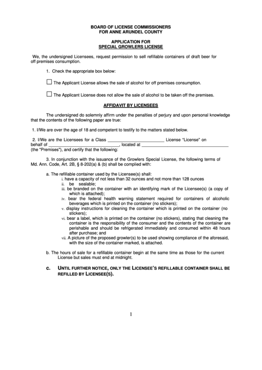 Fillable Affidavit For Growler License Form - Anne Arundel County Printable pdf