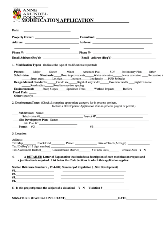 Modification Application Form - Anne Arundel County Maryland Printable pdf
