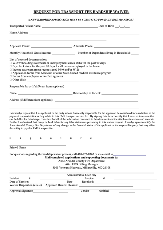 Ems Transport Hardship Waiver Application Form - Anne Arundel County Fire Department Printable pdf
