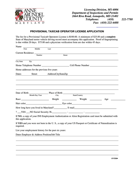 Fillable Taxicab Operator License Application Form - Department Of Inspections And Permits - Anne Arundel County Maryland Printable pdf