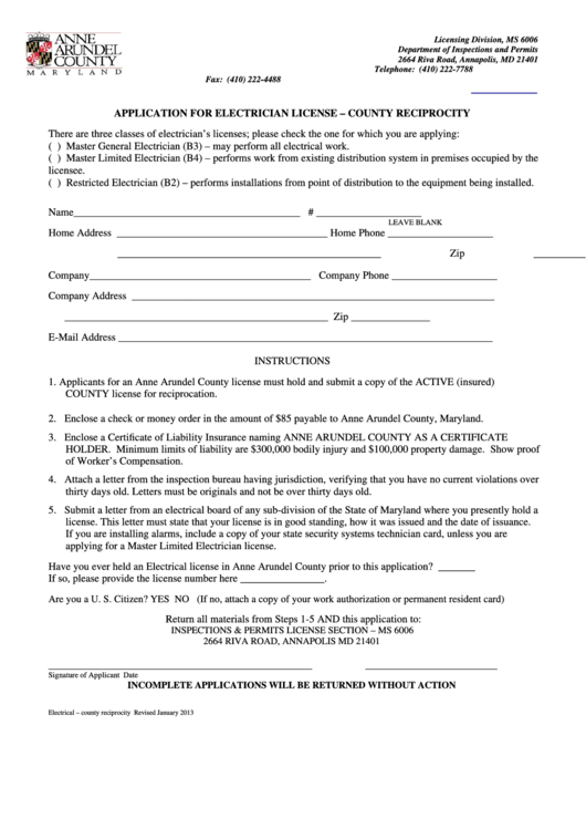 Fillable Electrical License Application (County Reciprocal) Form - Department Of Inspections And Permits - Anne Arundel County Maryland Printable pdf