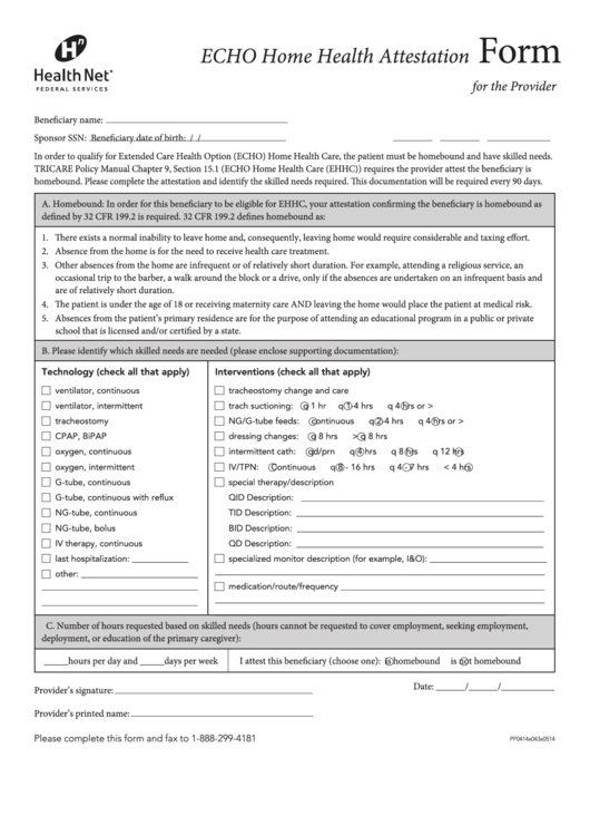 Echo Home Health Attestation Form - Health Net Printable pdf