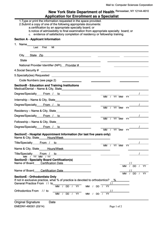 Form Emedny-490301 - Application For Enrollment As A Specialist Form ...