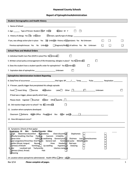 Report Of Epinephrine Administration Form - Haywood County Schools Printable pdf