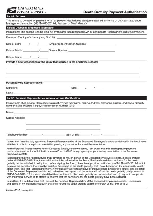 Ps Form 6510 - Death Gratuity Payment Authorization - United States Postal Service Printable pdf