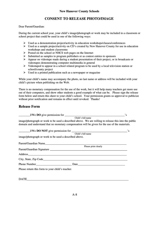 Consent To Release Photo/image Release Form Printable pdf