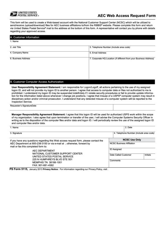 Ps Form 5115 - Aec Web Access Request Form Printable pdf