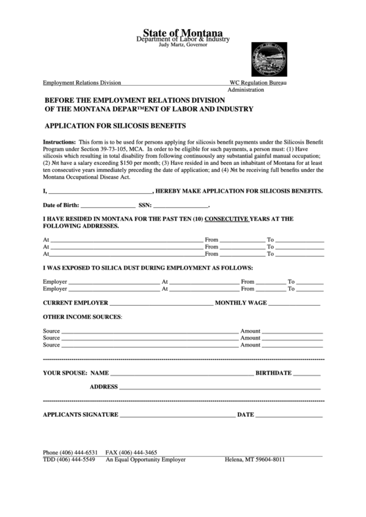 Application For Silicosis Benefits Form - Department Of Labor & Industry, State Of Montana Printable pdf