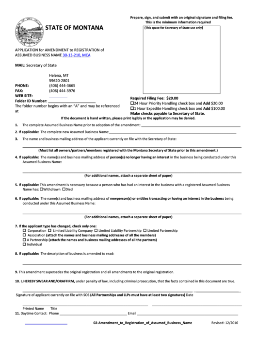 Fillable Application For Amendment To Registration Of Assumed Business Name Form - Montana Secretary Of State Printable pdf