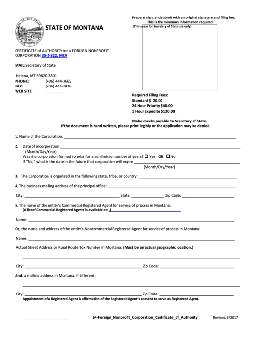 Fillable Certificate Of Authority For A Foreign Nonprofit Corporation Form - Montana Secretary Of State Printable pdf