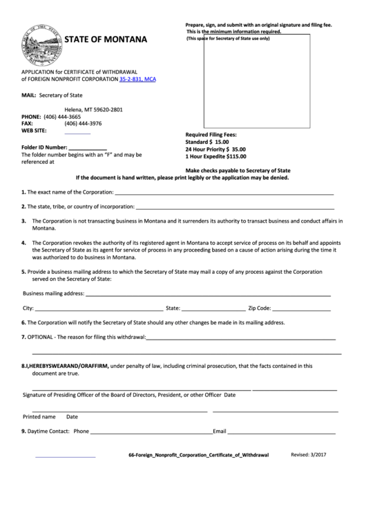 Fillable Application For Certificate Of Withdrawal Of Foreign Nonprofit Corporation - Montana Secretary Of State Printable pdf