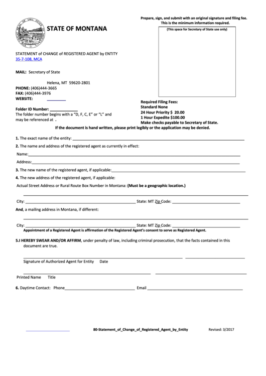 Fillable Form 80 - Statement Of Change Of Registered Agent By Entity 35-7-108, Mca Printable pdf