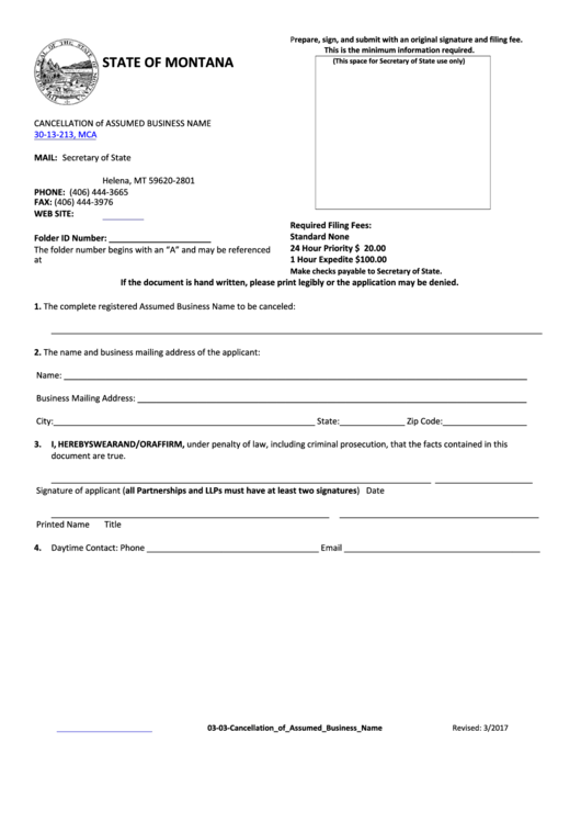Fillable Cancellation Of Assumed Business Name Form - Montana Secretary Of State Printable pdf