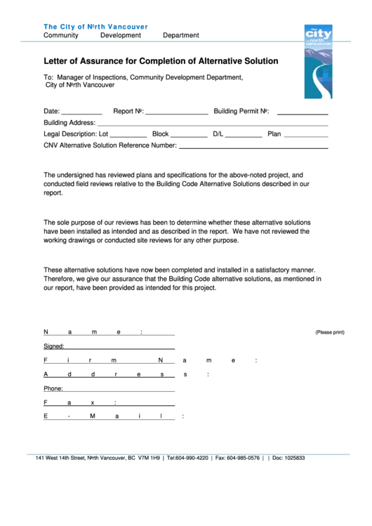 Letter Of Assurance For Completion Of Alternative Solution - City Of North Vancouver Community Development Department
