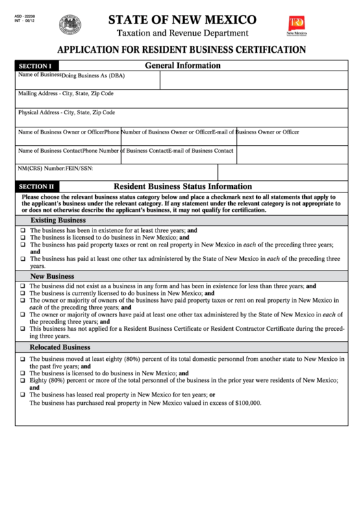 Form Asd - 22238 - Application For Resident Business Certification Printable pdf