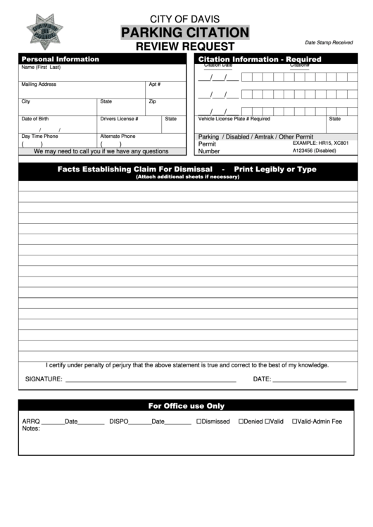 Parking Citation Review Request Form - The Police Department - City Of Davis Printable pdf
