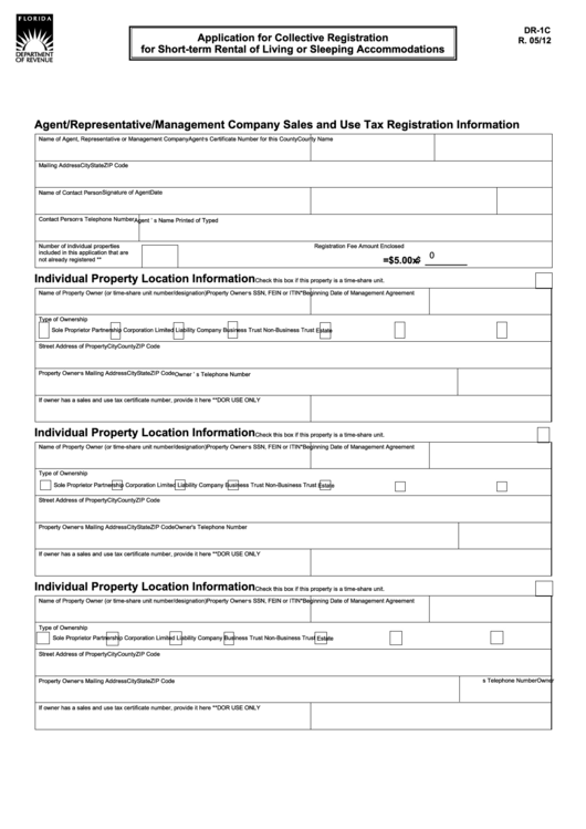 Form Dr-1c - Application For Collective Registration For Short-Term Rental Of Living Or Sleeping Accommodations - Department Of Revenue, State Of Florida Printable pdf