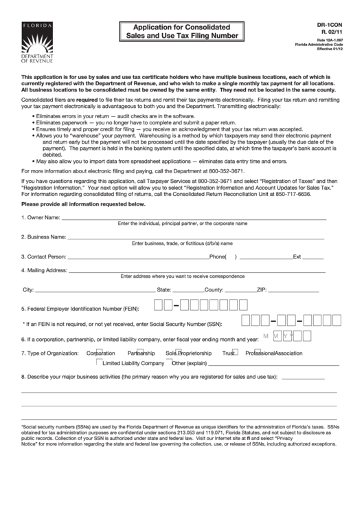 Form Dr-1con - Application For Consolidated Sales And Use Tax Filing Number - 2011 Printable pdf