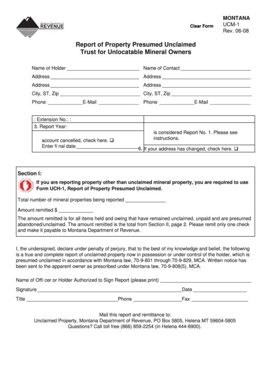 Fillable Form Ucm-1 - Report Of Property Presumed Unclaimed Trust For Unlocatable Mineral Owners - Department Of Revenue, State Of Montana Printable pdf