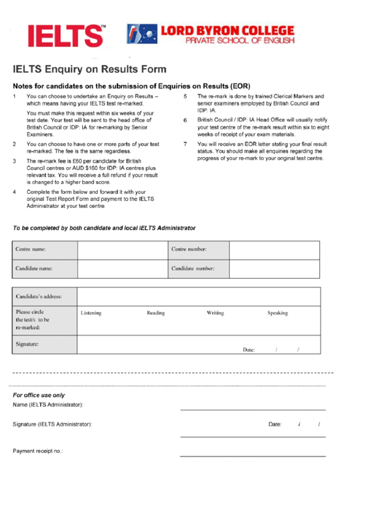 Ielts Enquiry On Results Form Printable pdf