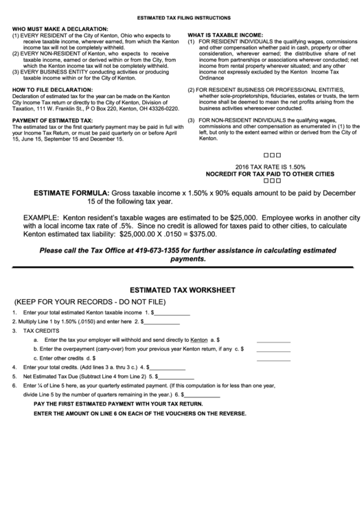 Estimated Tax Worksheet Printable pdf