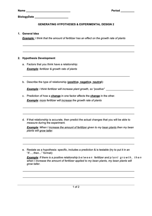 Generating Hypotheses & Experimental Design Worksheet Form Printable pdf