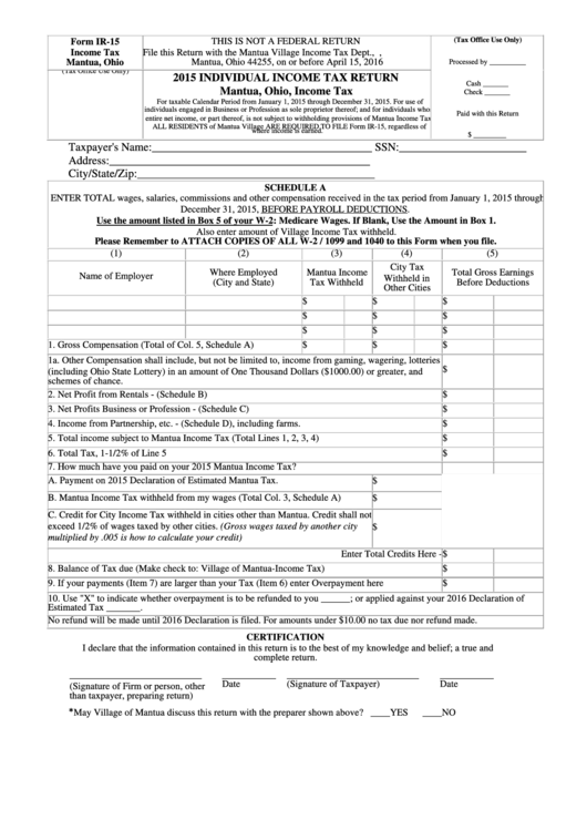 Form Ir-15 - Individual Income Tax Return - 2015 Printable pdf