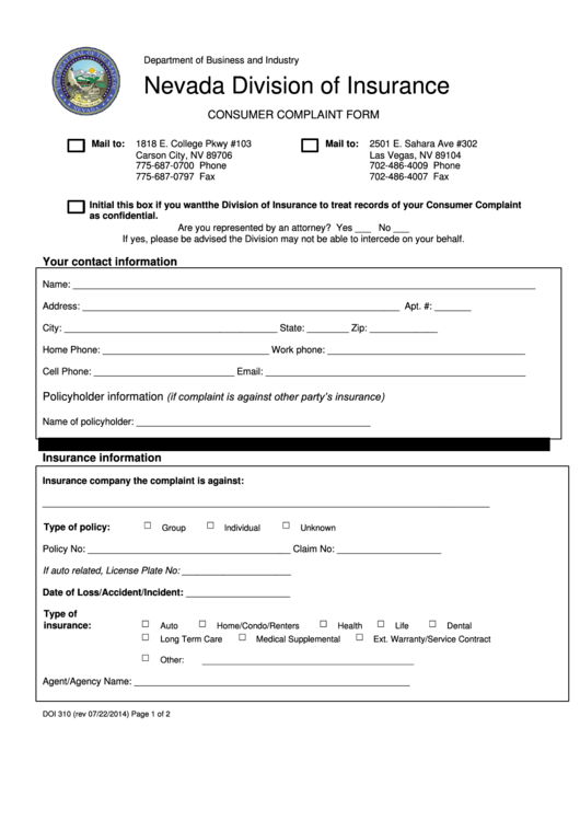 Consumer Complaint Form - Nevada Division Of Insurance Printable pdf