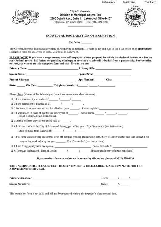Fillable Individual Declaration Of Exemption Form Ohio Printable pdf